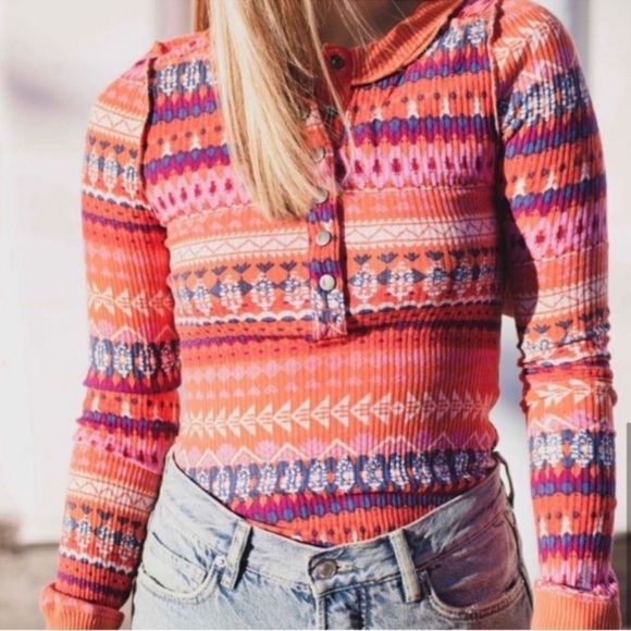 Free People Movement Rally Rib Floral Henley Thermal Top Long Sleeve Snap - Picture 1 of 5